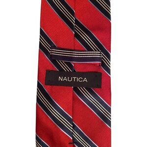 Nautica Mens Red Navy Blue Gold Diagonal‎ Striped 100% Silk Necktie Made in USA